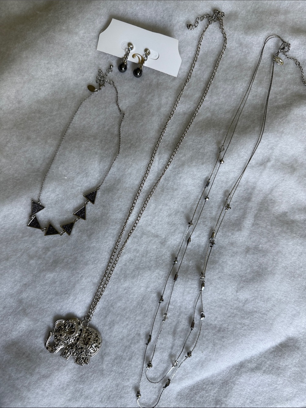 3 Silver Elephant Pendant Necklace and Earrings